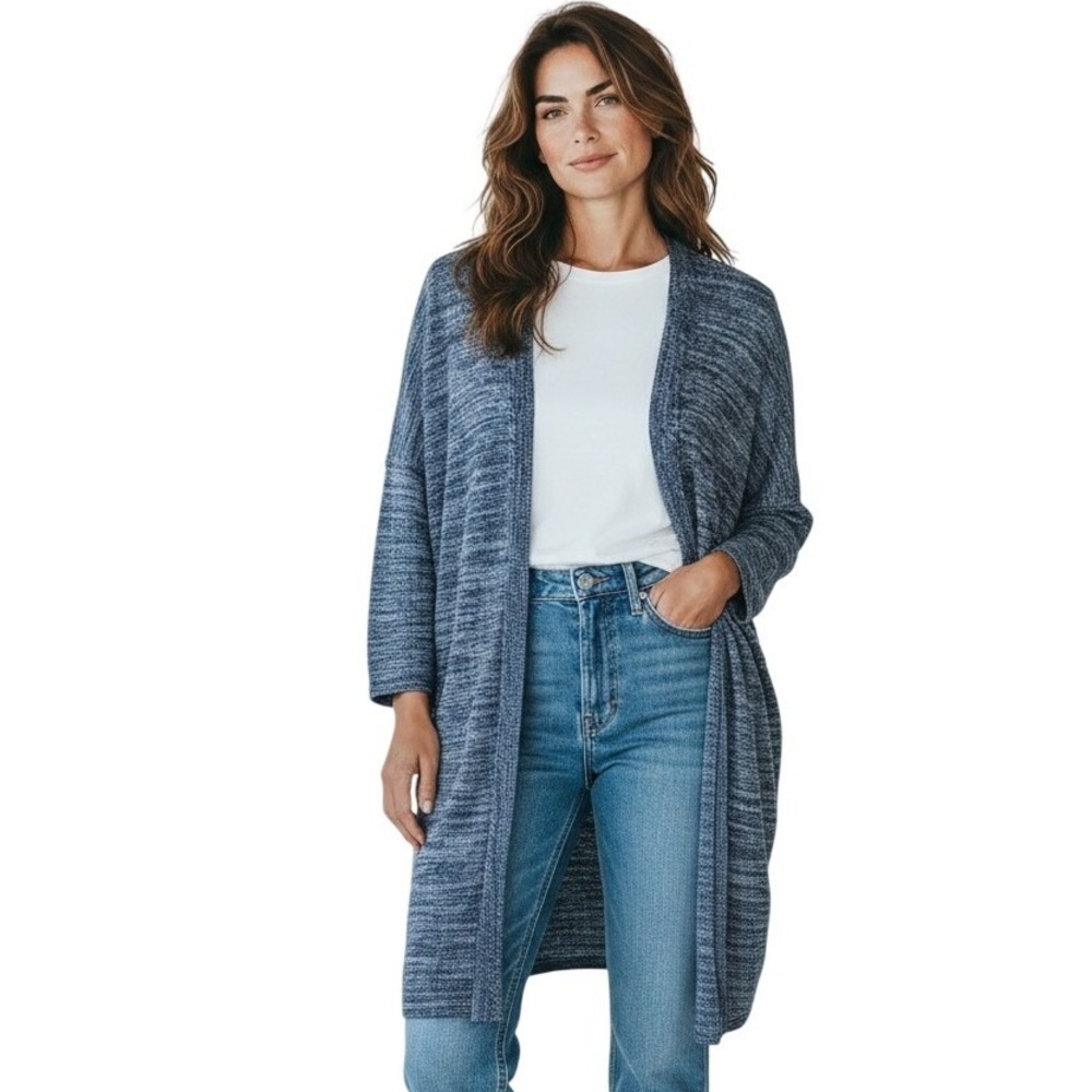 PureJill J Jill L Long Cardigan Sweater Sz L Blue Linen Travel Cozy Office Layer